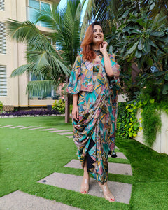 GREEN ABSTRACT PRINTED SAREE SKIRT WITH BLOUSE AND FLARED JACKET
