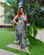 Load image into Gallery viewer, GREEN ABSTRACT PRINTED SAREE SKIRT WITH BLOUSE (without Jacket)
