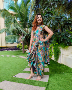 GREEN ABSTRACT PRINTED SAREE SKIRT WITH BLOUSE (without Jacket)