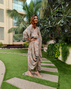 PEACH KHAKHEE ABSTRACT PRINTED SAREE SKIRT WITH BLOUSE AND FLARED JACKET