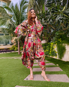 ABSTRACT RED PRINT RELAXED JUMPSUIT WITH SLEEVES ( COMES WITH BELT)