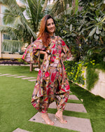 Load image into Gallery viewer, ABSTRACT RED PRINT RELAXED JUMPSUIT WITH SLEEVES ( COMES WITH BELT)
