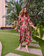 Load image into Gallery viewer, ABSTRACT RED PRINT RELAXED JUMPSUIT WITH SLEEVES ( COMES WITH BELT)
