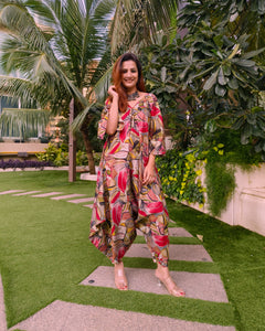 ABSTRACT RED PRINT RELAXED JUMPSUIT WITH SLEEVES ( COMES WITH BELT)