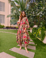 Load image into Gallery viewer, ABSTRACT RED PRINT RELAXED JUMPSUIT WITH SLEEVES ( COMES WITH BELT)
