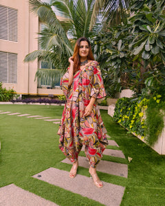 ABSTRACT RED PRINT RELAXED JUMPSUIT WITH SLEEVES ( COMES WITH BELT)