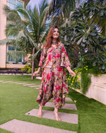 Load image into Gallery viewer, ABSTRACT RED PRINT RELAXED JUMPSUIT WITH SLEEVES ( COMES WITH BELT)
