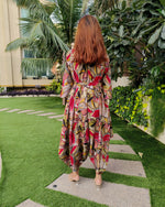 Load image into Gallery viewer, ABSTRACT RED PRINT RELAXED JUMPSUIT WITH SLEEVES ( COMES WITH BELT)
