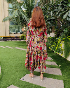 ABSTRACT RED PRINT RELAXED JUMPSUIT WITH SLEEVES ( COMES WITH BELT)
