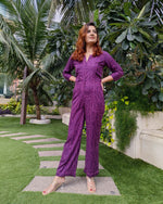 Load image into Gallery viewer, PURPLE WAVE PRINT FRONT ZIP JUMPSUIT
