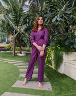 Load image into Gallery viewer, PURPLE WAVE PRINT FRONT ZIP JUMPSUIT
