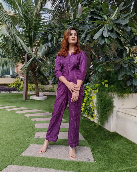 PURPLE WAVE PRINT FRONT ZIP JUMPSUIT