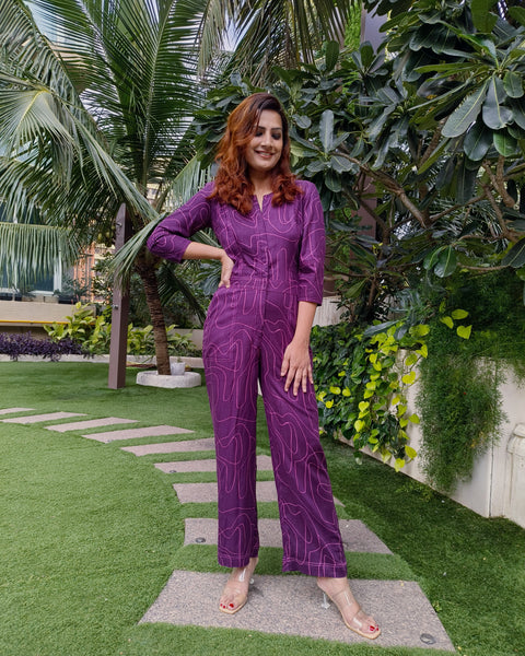 PURPLE WAVE PRINT FRONT ZIP JUMPSUIT