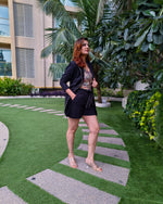 Load image into Gallery viewer, BLACK LONG BLAZER JACKET CO ORD WITH PRINTED TUBE BUSTIER AND SHORTS
