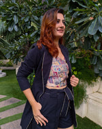 Load image into Gallery viewer, BLACK LONG BLAZER JACKET CO ORD WITH PRINTED TUBE BUSTIER AND SHORTS
