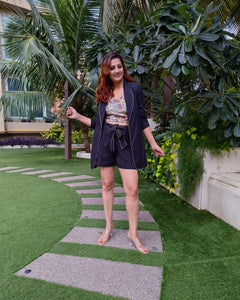 BLACK LONG BLAZER JACKET CO ORD WITH PRINTED TUBE BUSTIER AND SHORTS