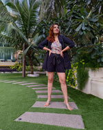 Load image into Gallery viewer, BLACK LONG BLAZER JACKET CO ORD WITH PRINTED TUBE BUSTIER AND SHORTS
