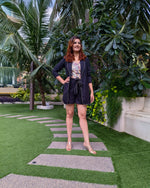 Load image into Gallery viewer, BLACK LONG BLAZER JACKET CO ORD WITH PRINTED TUBE BUSTIER AND SHORTS
