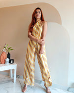 Load image into Gallery viewer, YELLOW PRINTED STRIPES HALTER NECK FLARED JUMPSUIT
