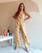 Load image into Gallery viewer, YELLOW PRINTED STRIPES HALTER NECK FLARED JUMPSUIT
