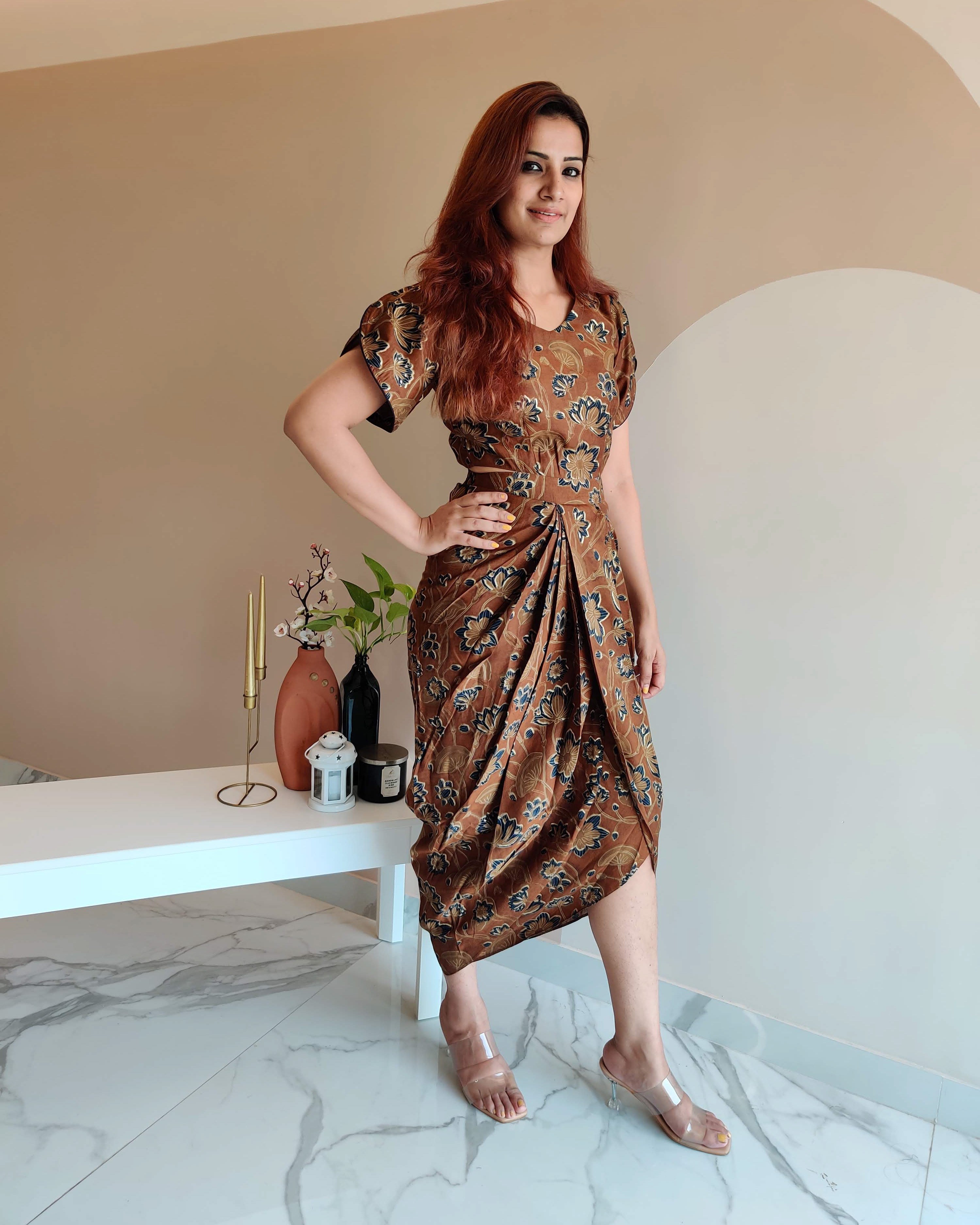 BROWN FLORAL PRINT DHOTI DRESS WITH TULIP SLEEVE