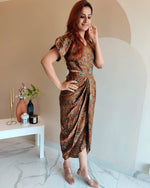 Load image into Gallery viewer, BROWN FLORAL PRINT DHOTI DRESS WITH TULIP SLEEVE
