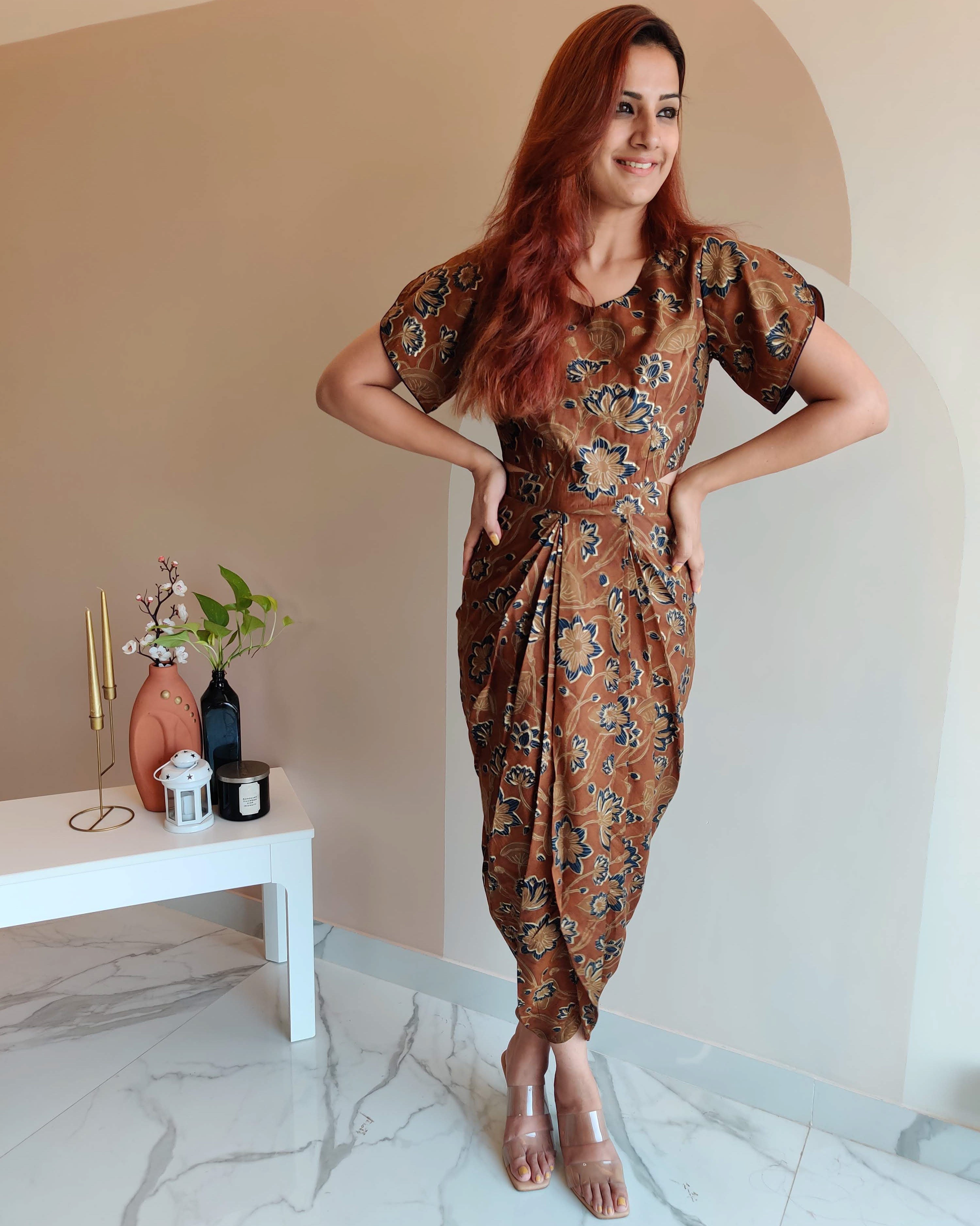 BROWN FLORAL PRINT DHOTI DRESS WITH TULIP SLEEVE