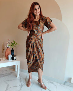 BROWN FLORAL PRINT DHOTI DRESS WITH TULIP SLEEVE