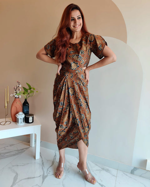 BROWN FLORAL PRINT DHOTI DRESS WITH TULIP SLEEVE