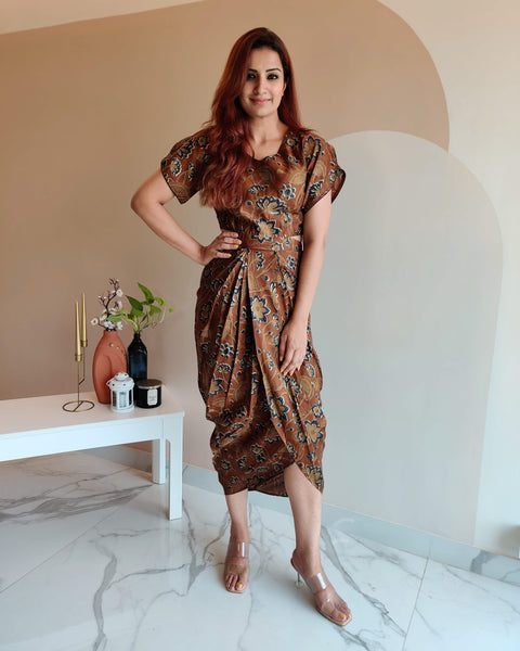 BROWN FLORAL PRINT DHOTI DRESS WITH TULIP SLEEVE
