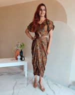 Load image into Gallery viewer, BROWN FLORAL PRINT DHOTI DRESS WITH TULIP SLEEVE
