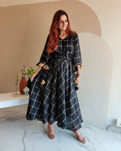 BLACK CHECKERED KAFTAAN DRESS