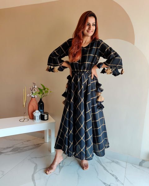 BLACK CHECKERED KAFTAAN DRESS