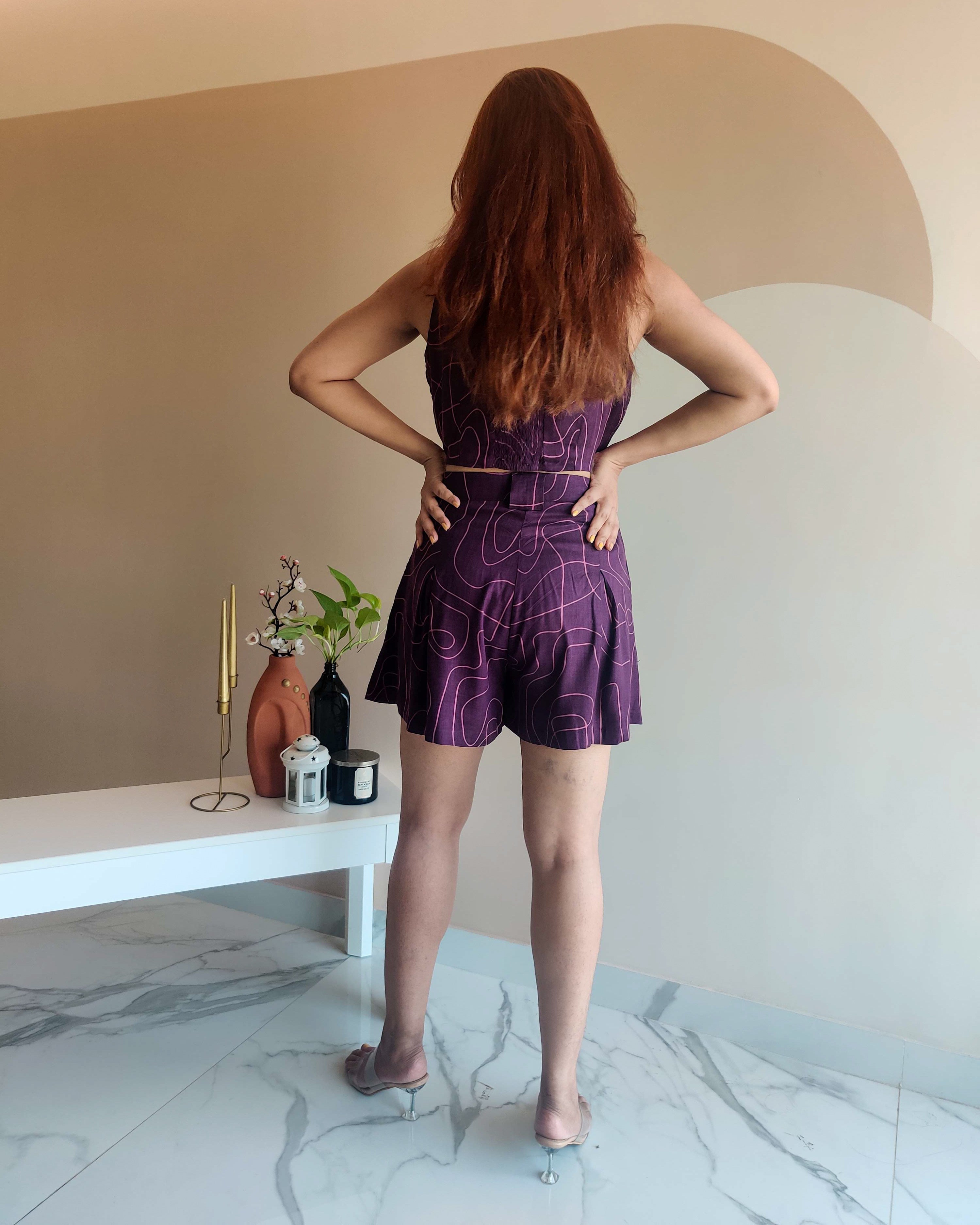 PURPLE WAVE PRINTED CO ORD CRISSCROSS BUSTIER AND SHORTS