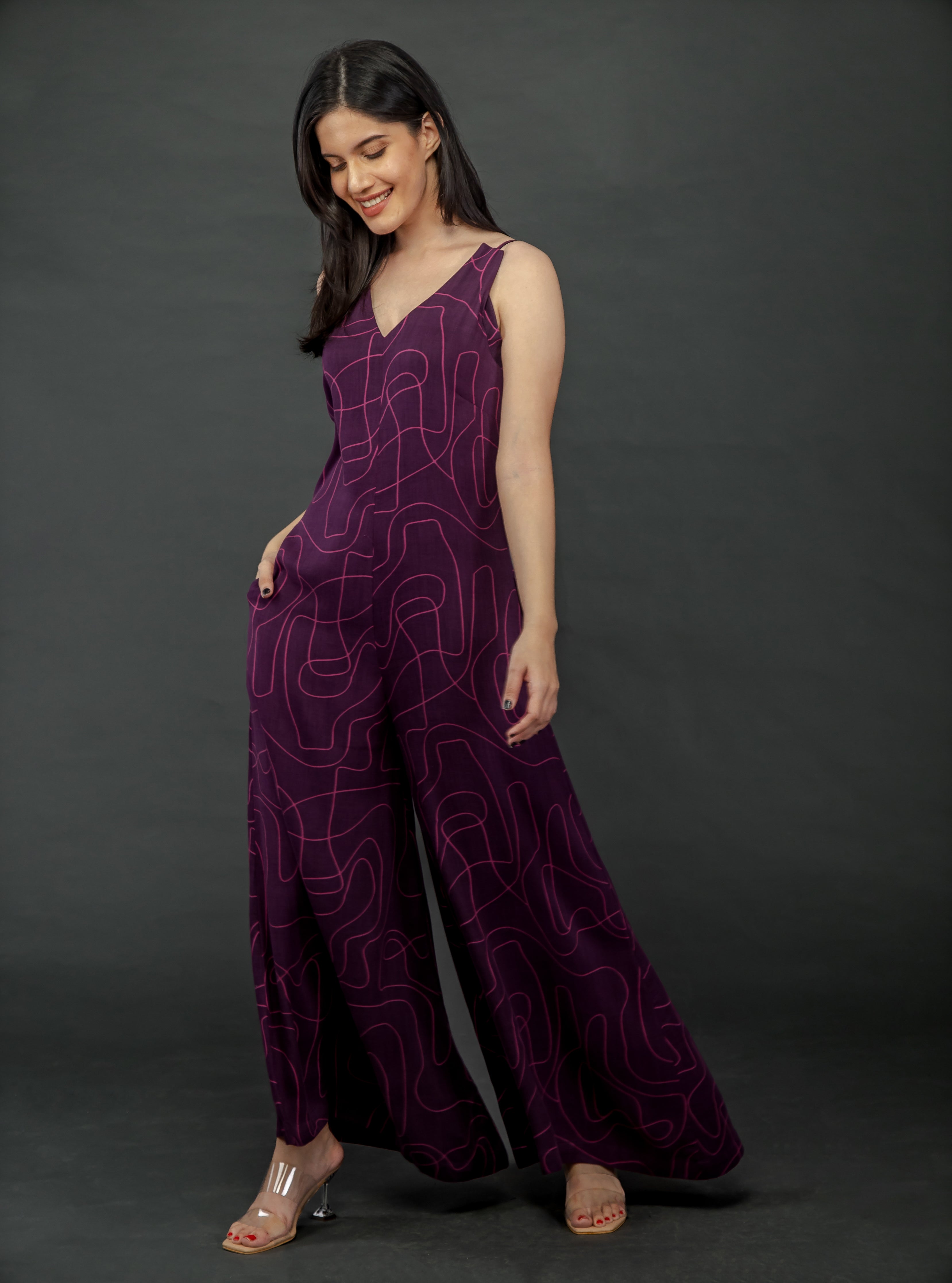PURPLE WAVE PRINT FLARED JUMPSUIT
