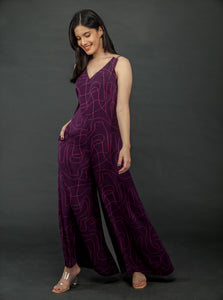 PURPLE WAVE PRINT FLARED JUMPSUIT