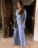 Load image into Gallery viewer, ICE BLUE BELL-BOTTOM PANTS WITH HALTER VEST COAT AND LONG BLAZER
