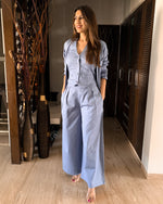 Load image into Gallery viewer, ICE BLUE BELL-BOTTOM PANTS WITH HALTER VEST COAT AND LONG BLAZER
