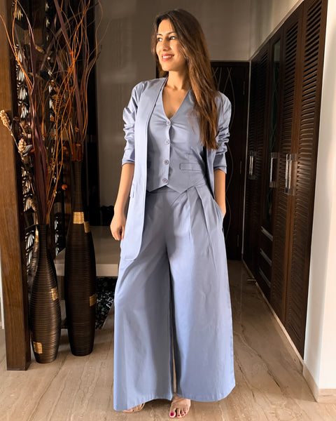 ICE BLUE BELL-BOTTOM PANTS WITH HALTER VEST COAT AND LONG BLAZER