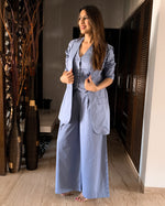 Load image into Gallery viewer, ICE BLUE BELL-BOTTOM PANTS WITH HALTER VEST COAT AND LONG BLAZER
