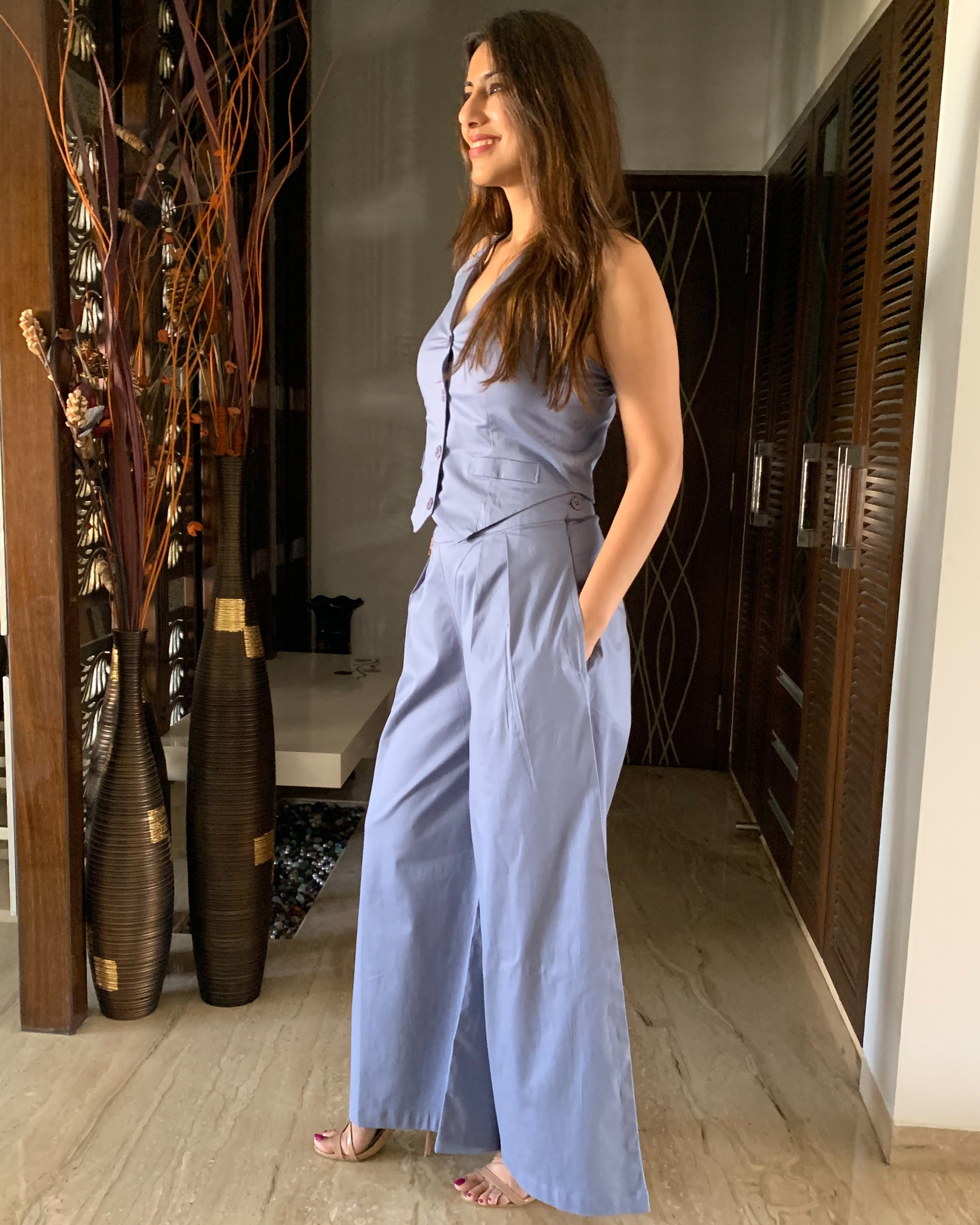 ICE BLUE BELL-BOTTOM PANTS WITH HALTER VEST COAT (WITHOUT BLAZER)