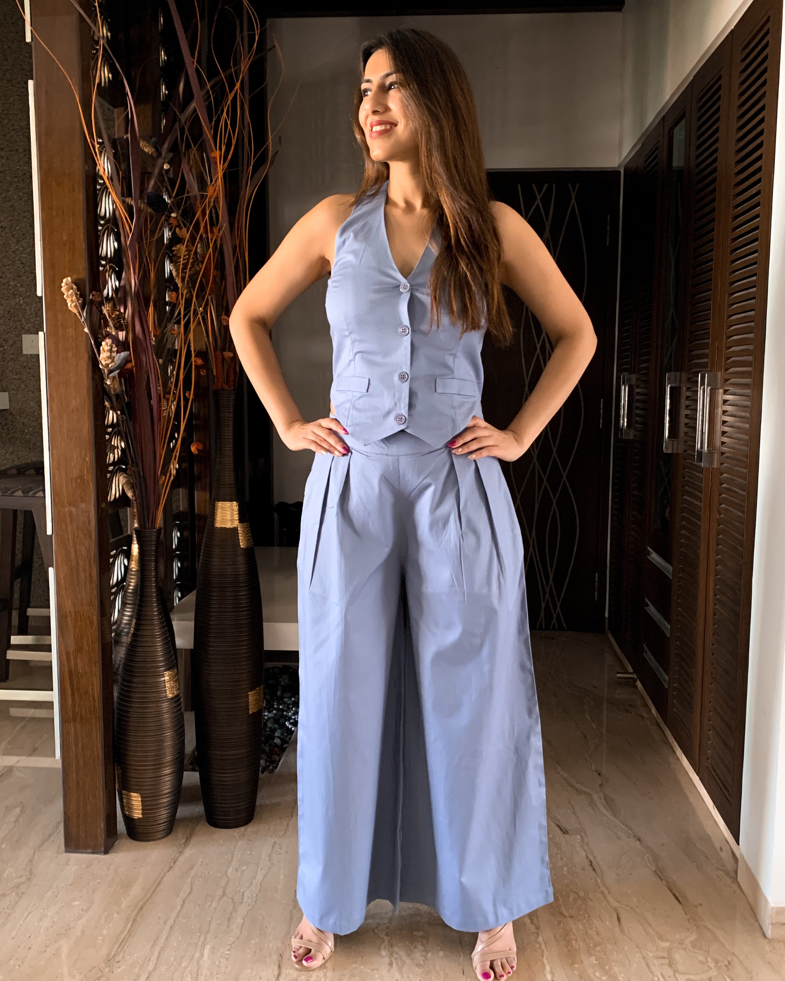 ICE BLUE BELL-BOTTOM PANTS WITH HALTER VEST COAT (WITHOUT BLAZER)