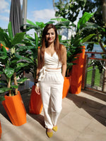 Load image into Gallery viewer, WHITE LINEN CROSSOVER TIE-UP TOP AND EASY FIT PANTS
