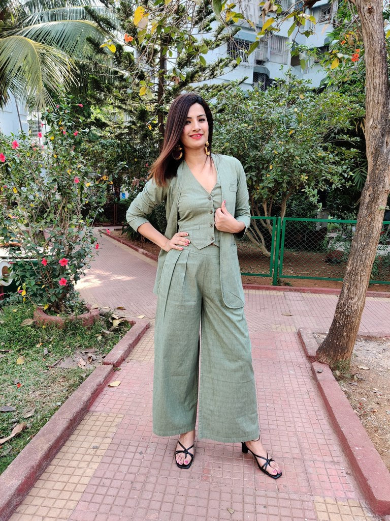 GREEN BELL-BOTTOM PANTS WITH HALTER VEST COAT AND LONG BLAZER