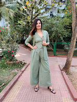 Load image into Gallery viewer, GREEN BELL-BOTTOM PANTS WITH HALTER VEST COAT AND LONG BLAZER
