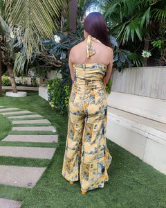 YELLOW BLUE ABSTRACT HALTER NECK FLARED DRAPE JUMPSUIT