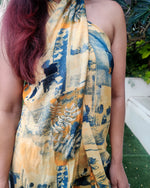 Load image into Gallery viewer, YELLOW BLUE ABSTRACT HALTER NECK FLARED DRAPE JUMPSUIT
