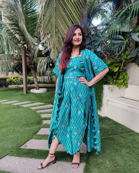 GREEN GEOMETRIC PRINT LONG JACKET WITH NOODLE STRAP BUSTIER AND DHOTI PANTS