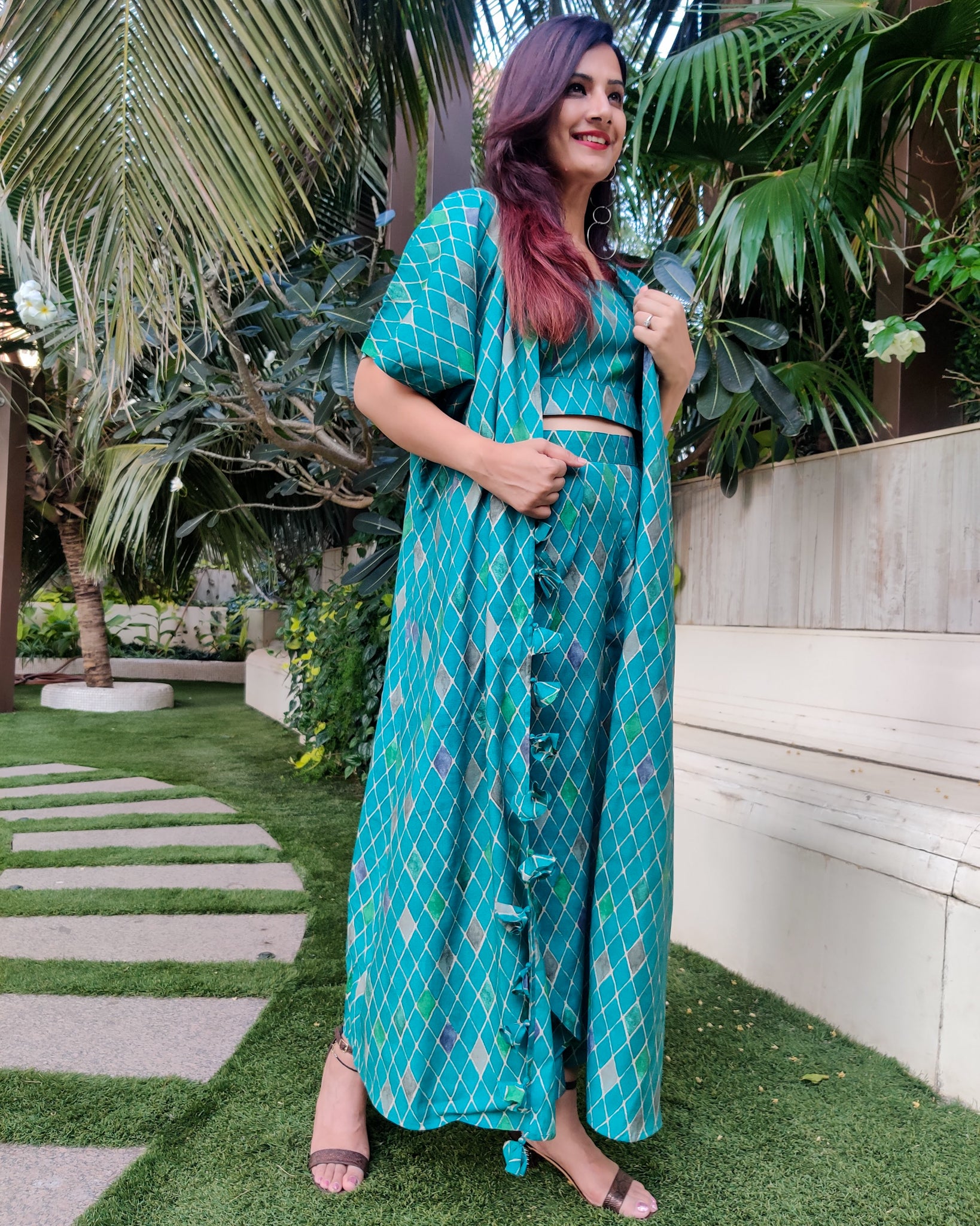GREEN GEOMETRIC PRINT LONG JACKET WITH NOODLE STRAP BUSTIER AND DHOTI PANTS