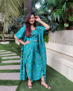 Load image into Gallery viewer, GREEN GEOMETRIC PRINT LONG JACKET WITH NOODLE STRAP BUSTIER AND DHOTI PANTS
